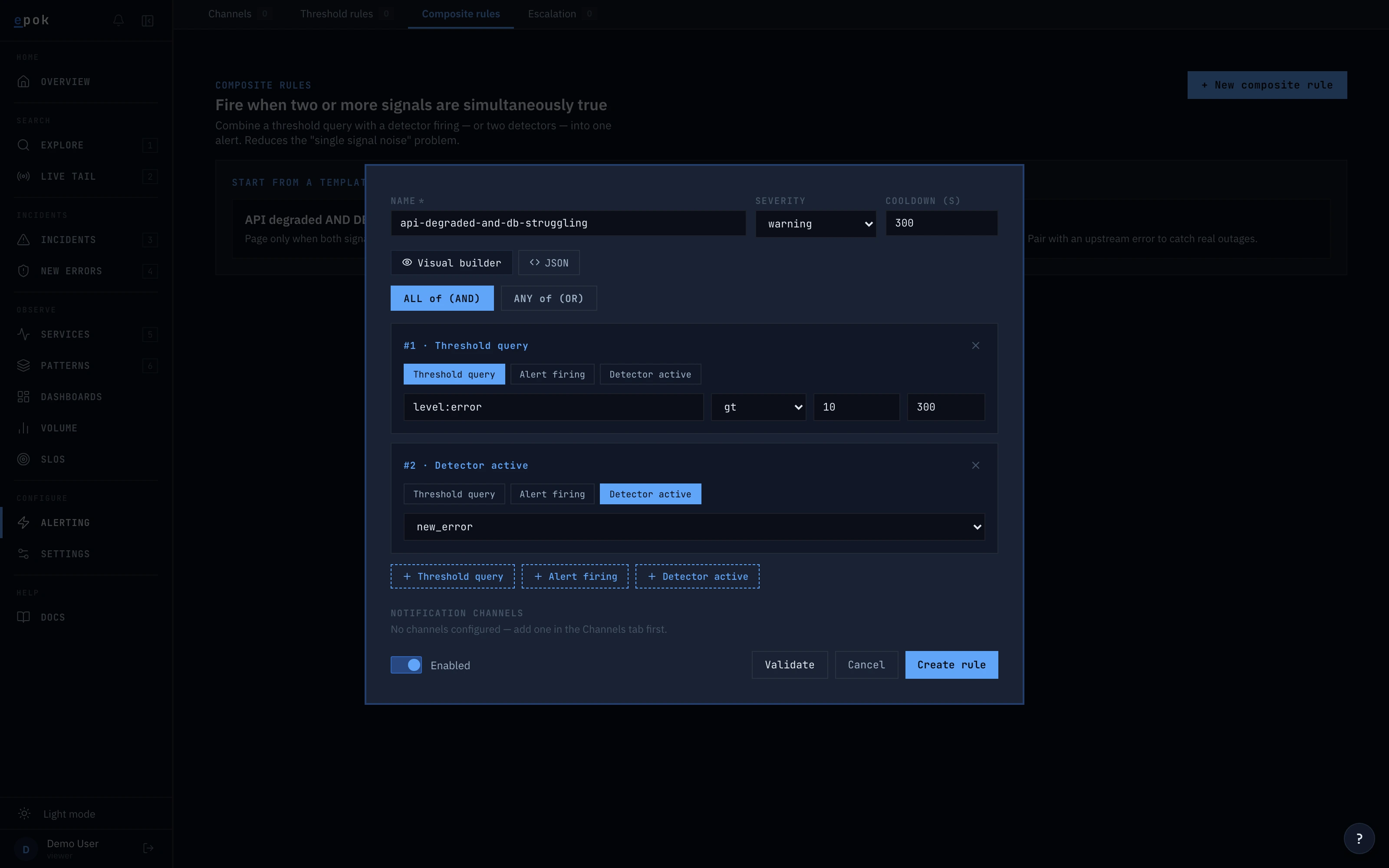 Rule editor — visual builder combining conditions with AND/OR