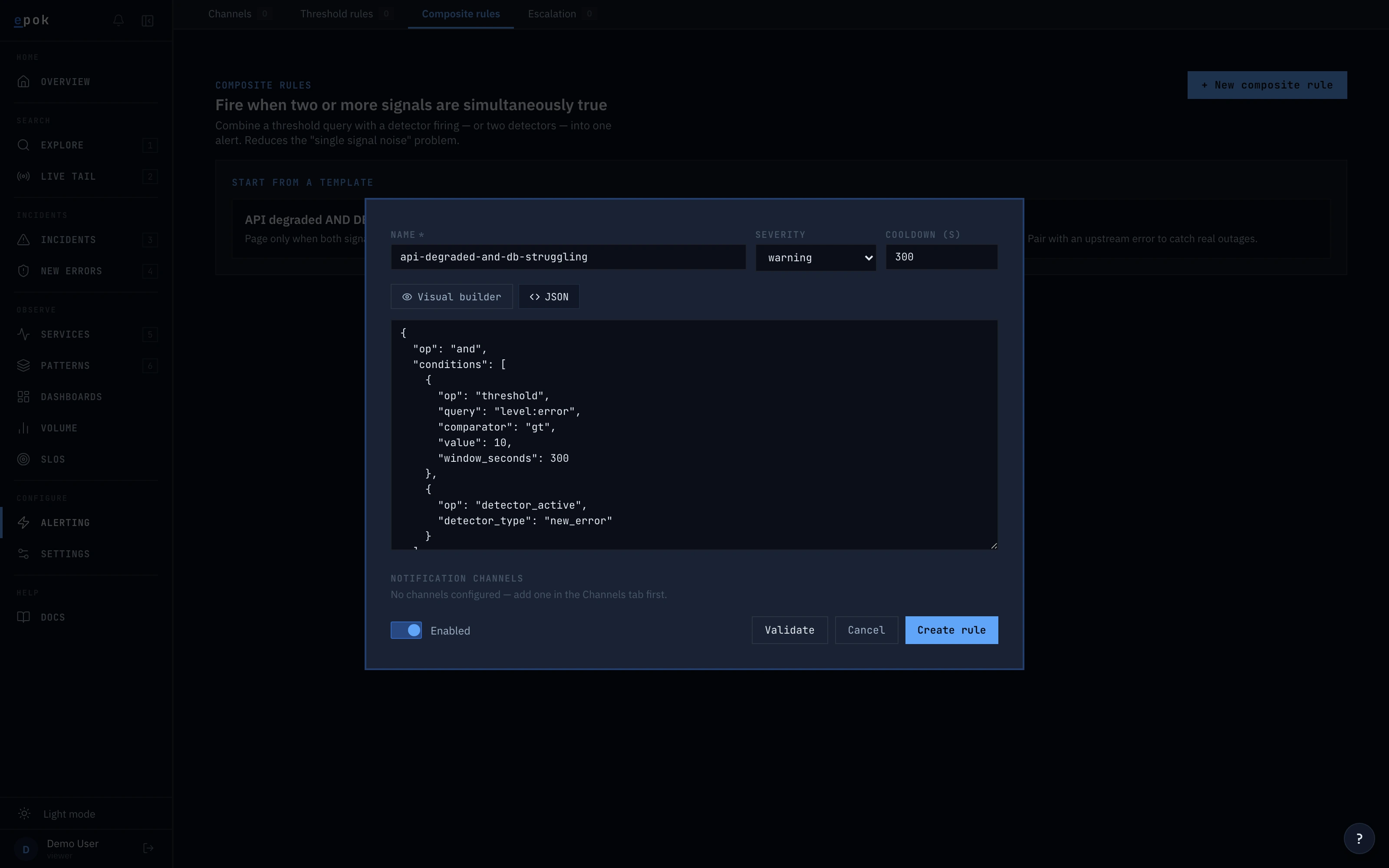Rule editor — JSON view of the same rule